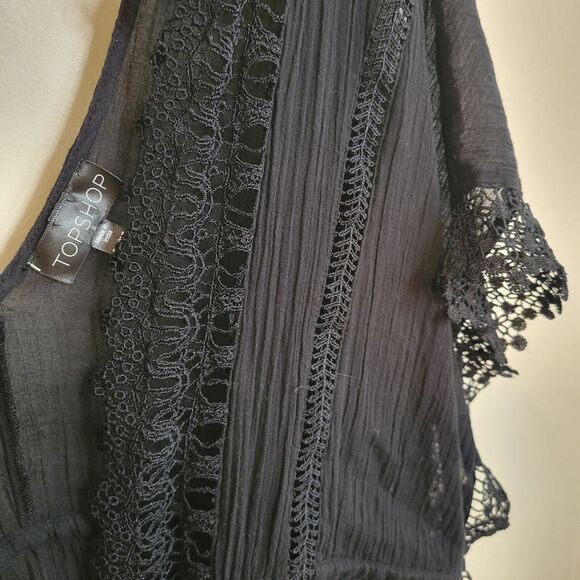 Topshop Kimono Black Lace Trim Tie Waist Double V Beach Cover‎ Small - Picture 4 of 16